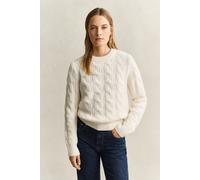 Rundhalspullover GANT "WOOL BLEND CABLE KNIT C-NECK", Damen, Gr. M, weiß (cream), Strick, Obermaterial: 90% Wolle, 10% Polyamid, relaxed fit normal, Rundhals, Rippbündchen, Pullover Rundhalspullover,