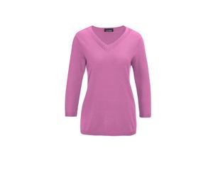 Rundhalspullover GOLDNER "Baumwollpullover mit Ajour-Details", Damen, Gr. 52, pink (malve), Obermaterial: 50% Baumwolle CO. 50% Polyacryl PAN., V-Ausschnitt, weit Rippe, Pullover Rundhalspullover, Mit