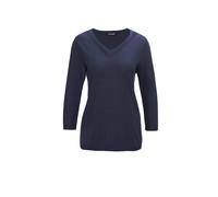 Rundhalspullover GOLDNER "Baumwollpullover mit Ajour-Details", Damen, Gr. 54, blau (marine), Obermaterial: 50% Baumwolle CO. 50% Polyacryl PAN., V-Ausschnitt, weit Rippe, Pullover Rundhalspullover, Mi