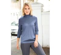 Rundhalspullover GOLDNER "Eleganter Ajourpullover mit Stehbund", Damen, Gr. 54, blau (rauchblau), Obermaterial: 100% Polyacryl PAN., Pullover Rundhalspullover, aufwendiger Ajourstrick in Zopfoptik (83