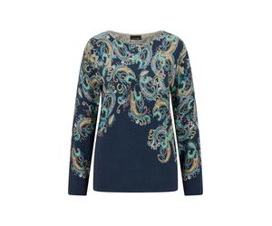 Rundhalspullover GOLDNER "Feinstrickpullover mit Paisley-Druck", Damen, Gr. 38, bunt (marine, gemustert), Modern, figurumspielend, Rundhals, Gerade, Pullover Rundhalspullover, farbenfroher Print auf S