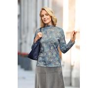 Rundhalspullover GOLDNER "Floraler Strickpullover mit Stehkragen", Damen, Gr. 40, blau (rauchblau, gemustert), Obermaterial: 65% Polyester PES. 35% Viskose CV., eng, Pullover Rundhalspullover, hoher B