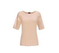 Rundhalspullover GOLDNER "Halbarmshirt mit transparenten Details", Damen, Gr. 42, orange (hellmelba), Obermaterial: 65% Viskose CV. 35% Polyamid PA., U-Boot-Ausschnitt, eng Tubular, Pullover Rundhalsp