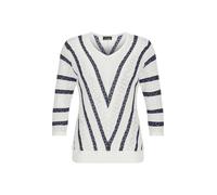 Rundhalspullover GOLDNER "Kurzgröße Ajourpullover mit Streifenmuster", Damen, Gr. 24, weiß (weiß, marine, gemustert), Obermaterial: 50% Baumwolle CO. 50% Polyacryl PAN., gerade, Pullover Rundhalspullo