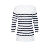 Rundhalspullover GOLDNER "Kurzgröße Ajourpullover mit Streifenmuster", Damen, Gr. 24, weiß (weiß, marine, geringelt), Obermaterial: 50% Baumwolle CO. 50% Polyacryl PAN., gerade, Pullover Rundhalspullo