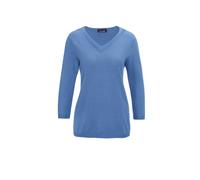 Rundhalspullover GOLDNER "Kurzgröße Baumwollpullover mit Ajour-Details", Damen, Gr. 20, blau (jeansblau), Obermaterial: 50% Baumwolle CO. 50% Polyacryl PAN., V-Ausschnitt, weit Rippe, Pullover Rundhal