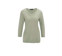 Rundhalspullover GOLDNER "Kurzgröße Baumwollpullover mit Ajour-Details", Damen, Gr. 22, grün (baummoos), Obermaterial: 50% Baumwolle CO. 50% Polyacryl PAN., V-Ausschnitt, weit Rippe, Pullover Rundhals