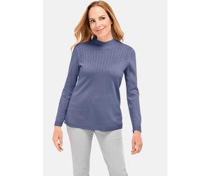 Rundhalspullover GOLDNER "Kurzgröße Eleganter Ajourpullover mit Stehbund", Damen, Gr. 23, blau (rauchblau), Obermaterial: 100% Polyacryl PAN., eng, Pullover Rundhalspullover, aufwendiger Ajourstrick i
