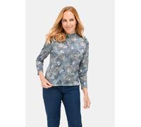 Rundhalspullover GOLDNER "Kurzgröße Floraler Strickpullover mit Stehkragen", Damen, Gr. 21, blau (rauchblau, gemustert), Obermaterial: 65% Polyester PES. 35% Viskose CV., eng, Pullover Rundhalspullove