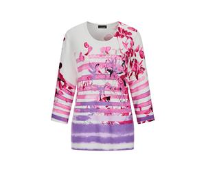 Rundhalspullover GOLDNER "Kurzgröße Florales Viskoseshirt mit Streifen", Damen, Gr. 19, rosa (rosé, gemustert), Obermaterial: 72% Viskose CV. 28% Polyamid PA., gerade, Pullover Rundhalspullover, Hauts