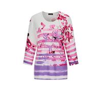 Rundhalspullover GOLDNER "Kurzgröße Florales Viskoseshirt mit Streifen", Damen, Gr. 24, rosa (rosé, gemustert), Obermaterial: 72% Viskose CV. 28% Polyamid PA., gerade, Pullover Rundhalspullover, Hauts