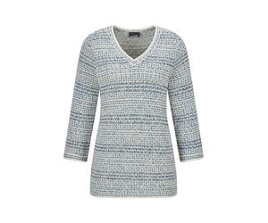 Rundhalspullover GOLDNER "Kurzgröße Strukturpullover mit 3D-Effekt", Damen, Gr. 22, blau (blau, gemustert), Obermaterial: 74% Baumwolle CO. 26% Polyester PES., figurumspielend, V-Ausschnitt, Pullover