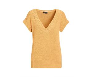 Rundhalspullover GOLDNER "Kurzgröße Trageangenehmer Pullunder mit modischem Ausschnitt", Damen, Gr. 23, gelb (honig), Obermaterial: 60% Polyester PES. 40% Baumwolle CO., V-Ausschnitt, keine/nicht rele