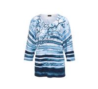 Rundhalspullover GOLDNER "Kurzgröße Viskosepullover mit Muster, Feinstrick", Damen, Gr. 22, blau (blau, gemustert), Obermaterial: 70% Viskose CV. 30% Polyamid PA., weit normales Bündchen, Pullover Run