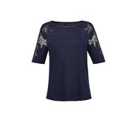 Rundhalspullover GOLDNER "Pullover mit Spitzeneinsätzen und Glanzsteinchen", Damen, Gr. 42, blau (mitternachtsblau), Obermaterial: 65% Viskose CV. 35% Polyamid PA., Tubular, Pullover Rundhalspullover,