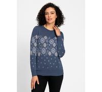 Rundhalspullover INSPIRATIONEN "Jacquard-Pullover", Damen, Gr. 36, blau (rauchblau, gemustert), 70% Baumwolle, 30% Polyacryl, gemustert, mehrfarbig, Pullover Rundhalspullover (76336420-36) rauchblau, 