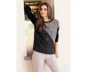 Rundhalspullover INSPIRATIONEN "Rundhals-Pullover", Damen, Gr. 50, schwarz, metallicfarben, 45% Viskose, 25% Polyester, 15% Polyamid, 15% metallisierte Fasern, bedruckt, gemustert, mehrfarbig, metalli