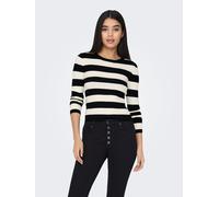 Rundhalspullover JDY "JDYPLUM L/S O-NECK PULLOVER KNT NOOS", Damen, Gr. L (40), schwarz (schwarz stripes:w eggnog stripes), Strick, Obermaterial: 80% Viskose, 20% Nylon, geringelt, gestreift, figurbet