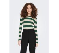 Rundhalspullover JDY "JDYPLUM L/S O-NECK PULLOVER KNT NOOS", Damen, Gr. M, grün (trekking grün stripes:w eggnog stripes), Strick, Obermaterial: 80% Viskose, 20% Nylon, geringelt, gestreift, figurbeton