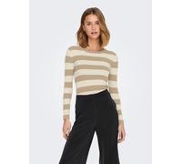 Rundhalspullover JDY "JDYPLUM L/S O-NECK PULLOVER KNT NOOS", Damen, Gr. S, beige (humus stripes:birch), Strick, Obermaterial: 80% Viskose, 20% Nylon, geringelt, gestreift, figurbetont hüftlang, Rundha