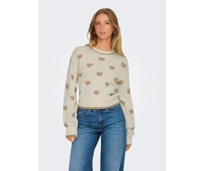 Rundhalspullover JDY "JDYROMANCE L/S JACQ. PULLOVER KNT NOOS", Damen, Gr. M, beige (birch detail:w humus heart jacquard), Strick, Obermaterial: 100% Polyacryl, gemustert, normal, Rundhals, Pullover Ru