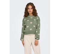 Rundhalspullover JDY "JDYROMANCE L/S JACQ. PULLOVER KNT NOOS", Damen, Gr. M, grün (sea spray detail:w tapioca heart jacquard), Strick, Obermaterial: 100% Polyacryl, gemustert, normal, Rundhals, Pullov