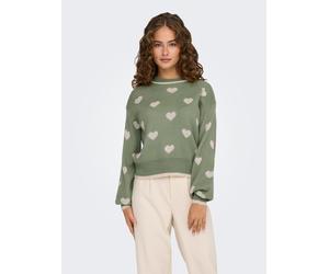 Rundhalspullover JDY "JDYROMANCE L/S JACQ. PULLOVER KNT NOOS", Damen, Gr. S, grün (sea spray detail:w tapioca heart jacquard), Strick, Obermaterial: 100% Polyacryl, gemustert, normal, Rundhals, Pullov