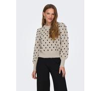 Rundhalspullover JDY "JDYSIGRID LIFE L/S ON PUFF PULL KNT NOOS", Damen, Gr. S, beige (cement detail:with schwarz dots), Strick, Obermaterial: 100% Polyester, gepunktet, figurumspielend taillenbedeckt,