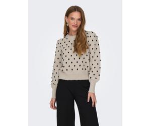 Rundhalspullover JDY "JDYSIGRID LIFE L/S ON PUFF PULL KNT NOOS", Damen, Gr. S, beige (cement detail:with schwarz dots), Strick, Obermaterial: 100% Polyester, gepunktet, figurumspielend taillenbedeckt,
