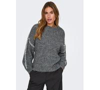 Rundhalspullover JDY "JDYZOEY LIFE L/S ON STITCH PULL KNT NOOS", Damen, Gr. XL, dunkelgrau melange detail:with birch stitch, Strick, Obermaterial: 70% Polyester, 21% Nylon, 8% Wolle, 1% Elasthan, unif