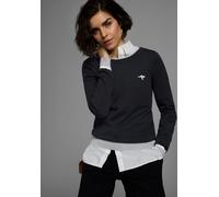 Rundhalspullover KANGAROOS, Damen, Gr. 44/46, schwarz, Feinstrick, Obermaterial: 50% Baumwolle, 50% Polyacryl, gestreift, kontrastfarbene Details, figurbetont hüftbedeckend, Rundhals, Rippstrickbündch