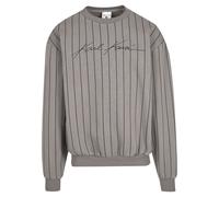 Rundhalspullover KARL KANI "Karl Kani Autograph Pinstripe Sweat Os Crewneck", Herren, Gr. L, grau, 70% Baumwolle, 30% Polyester, gestreift, oversize, Rundhals, Pullover Rundhalspullover (96486729-L) g