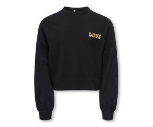 Rundhalspullover KIDS ONLY "KOGLEVA-LAYA LS EMB. O-NECK FR KNT", Mädchen, Gr. 158/164, schwarz (schwarz detail:love, gold lurex emb.), Strick, Obermaterial: 50% Viskose, 27% Nylon, 23% Polyester, best