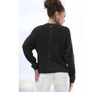 Rundhalspullover LASCANA "aus Rippstrick mit Zierknöpfen am Rücken", Damen, Gr. 40/42, schwarz, Strick, Obermaterial: 50% Viskose, 28% Polyester, 22% Polyamid, unifarben, figurumspielend hüftlang, Run