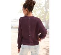 Rundhalspullover LASCANA "aus Rippstrick mit Zierknöpfen am Rücken", Damen, Gr. 44/46, lila (burgunder), Strick, Obermaterial: 50% Viskose, 28% Polyester, 22% Polyamid, unifarben, figurumspielend hüft