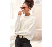 Rundhalspullover LASCANA "aus supersofter Strickqualität", Damen, Gr. 36/38, beige (creme), Strick, Obermaterial: 53% Polyester, 37% Polyacryl, 10% Polyamid, unifarben, figurumspielend hüftlang, Rundh