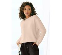 Rundhalspullover LASCANA "aus weichem Garn mit Flausch-Effekt", Damen, Gr. 44/46, braun (camelfarben), Strick, Obermaterial: 68% Polyamid, 31% Polyacryl, 1% Elasthan, unifarben, figurumspielend hüftla