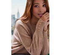 Rundhalspullover LASCANA, Damen, Gr. 36/38, braun (taupe meliert), Strick, Obermaterial: 52% Polyester, 44% Polyacryl, 4% Elasthan, meliert, figurumspielend hüftlang, Rundhals, mit Knöpfen, Pullover R
