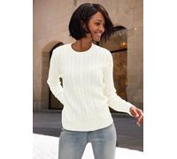 Rundhalspullover LASCANA, Damen, Gr. 36/38, weiß (creme), Strick, Obermaterial: 50% Baumwolle, 50% Polyacryl, unifarben, figurumspielend hüftlang, Rundhals, Rippstrickbündchen, Pullover Rundhalspullov
