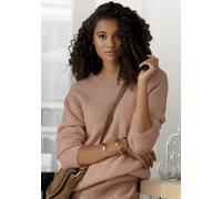 Rundhalspullover LASCANA, Damen, Gr. 40/42, braun (camelfarben), Strick, Obermaterial: 68% Polyamid, 31% Polyacryl, 1% Elasthan, unifarben, figurumspielend hüftlang, Rundhals, Rippstrickbündchen, Pull