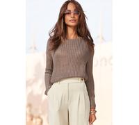 Rundhalspullover LASCANA, Damen, Gr. 40/42, grün (khaki), Grobstrick, Obermaterial: 100% Polyacryl, unifarben, figurumspielend hüftlang, Pullover Rundhalspullover, aus weichem Grobstrick, lockerer Str