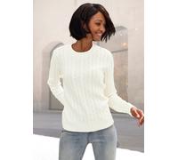 Rundhalspullover LASCANA, Damen, Gr. 40/42, weiß (creme), Strick, Obermaterial: 50% Baumwolle, 50% Polyacryl, unifarben, figurumspielend hüftlang, Rundhals, Rippstrickbündchen, Pullover Rundhalspullov