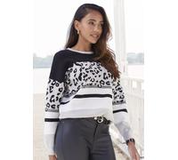 Rundhalspullover LASCANA Gr. 44/46, grau (grau, schwarz) Damen Pullover Rundhalspullover mit Leomuster Bestseller (43099048-44)