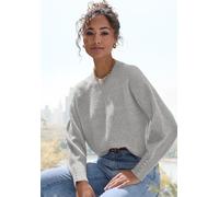 Rundhalspullover LASCANA "mit Zierknöpfen an den langen Ärmelbündchen", Damen, Gr. 36/38, grau (grau meliert), Strick, Obermaterial: 52% Polyester, 44% Polyacryl, 4% Elasthan, meliert, figurumspielend