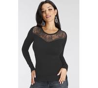 Rundhalspullover MELROSE, Damen, Gr. 36, schwarz, Feinstrick, Obermaterial: 70% Viskose, 30% Polyamid. Spitze: 85% Polyamid, 15% Elasthan, unifarben, sehr figurbetont hüftlang, Rundhals, Pullover Rund