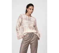 Rundhalspullover MONARI "Pullover Karodruck", Damen, Gr. 42, creamweiß gem, Web, Obermaterial: 77% Polyester, 18% Polyamid, 5% Wolle, kariert, regular fit taillenbedeckt, Rundhals, Trompetenärmel gera