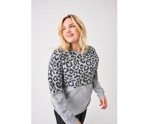 Rundhalspullover ONLY CARMAKOMA "CARJADE ZEBRA L/S O-NECK KNT", Damen, Gr. XL, grau (light grau melange pattern:dunkelgrau mel), Strick, Obermaterial: 81% Polyacryl, 19% Polyester, gemustert, hüftbede