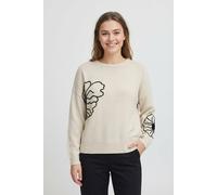 Rundhalspullover ONLY CARMAKOMA "CARPETRA LS FLOWER EMB O-NECK CC KNT", Damen, Gr. L, birch detail:schwarz, Strick, Obermaterial: 50% Baumwolle, 50% Polyacryl, unifarben mit Farbeinsatz, normal, Rundh