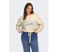 Rundhalspullover ONLY CARMAKOMA "CARSIGNE LS TEXT DETAIL O-NECK KNT", Damen, Gr. XL, beige (birch detail:riviera stripe, text), Strick, Obermaterial: 52% Viskose, 28% Polyester, 20% Nylon, gestreift, 