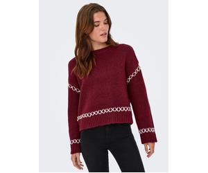 Rundhalspullover ONLY "ONLAMANDA LIFE LS O-NECK DETAIL CC KNT", Damen, Gr. M, cabernet detail:cloud dancer, Strick, Obermaterial: 77% Polyester, 23% Polyacryl, unifarben, regular fit hüftlang, Rundhal